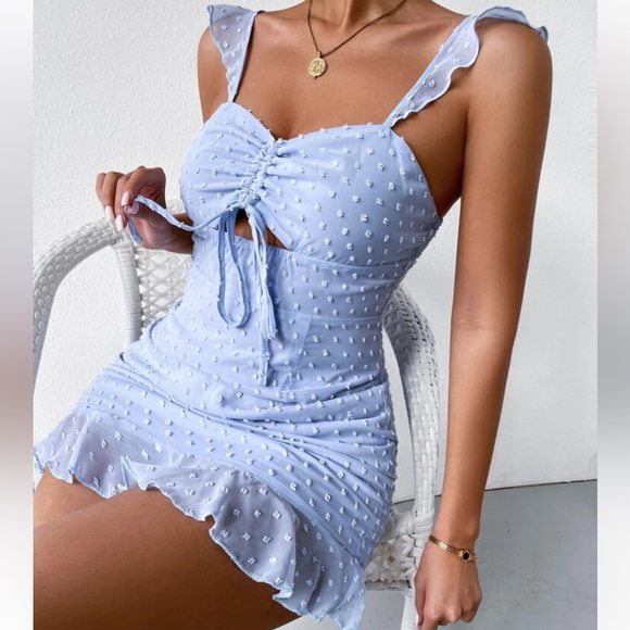 Swiss Dot Drawstring Front Ruffle Hem Dress - Picture 2 of 7